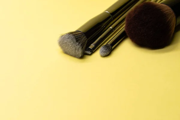Pinceaux Maquillage Professionnels Avec Poignée Argentée Sur Fond Jaune Avec — Photo