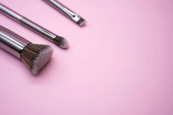 Pinceaux Maquillage Professionnels Avec Poignée Argentée Sur Fond Rose Avec — Photo