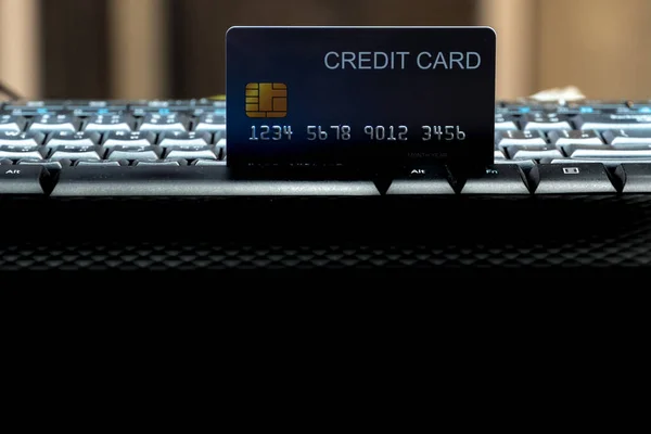 Shallow Focus Credit Card Computer Keyboard Background Commerce Online Shopping — Stock Photo, Image