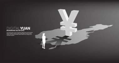 Çin haritasında gölgesi olan üç boyutlu para birimi ikonu olan iş adamının silueti. Dijital Yuan finansal ve bankacılık kavramı.