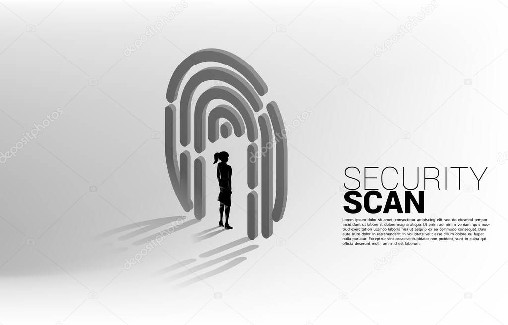 Businesswoman standing in finger scan icon. Background concept for security and privacy technology for identity data