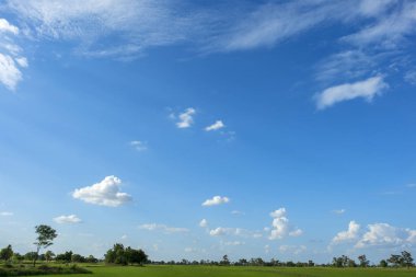 Yeşil alanlar ve beyaz bulutlarla mavi gökyüzü arkaplanı.