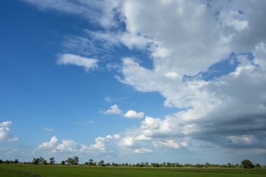 Yeşil alanlar ve beyaz bulutlarla mavi gökyüzü arkaplanı.