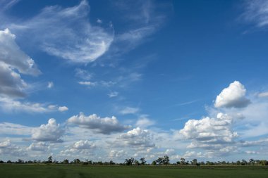 Yeşil alanlar ve beyaz bulutlarla mavi gökyüzü arkaplanı.