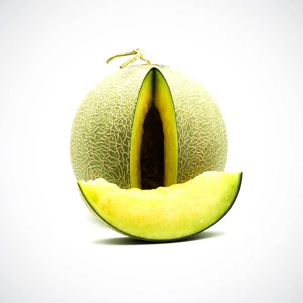 Cantaloupe meloun, se zeleným masem na bílém černém hřišti. — Stock fotografie