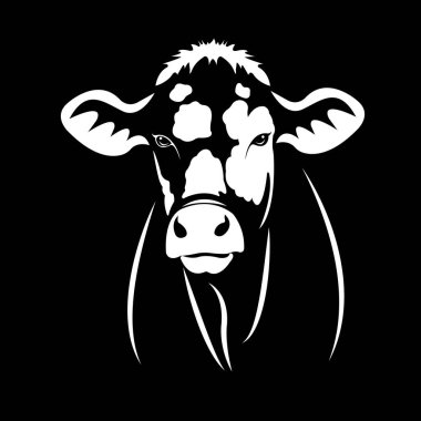 İnek kafası tasarımı, logo tasarımı, Çiftlik Hayvanları, Siyah beyaz resim, Çizgi Hayvanı, siyah arka planda.  