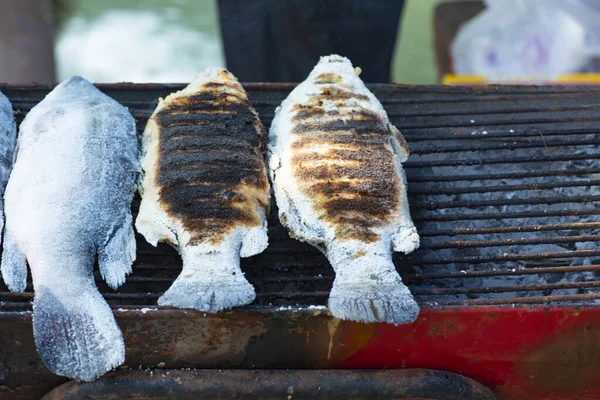 塩と魚のグリル部族のストーブの上に配置 — ストック写真