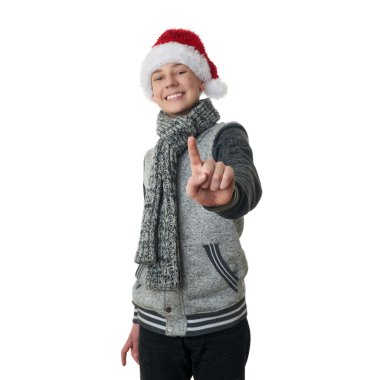 Sevimli genç çocuk beyaz izole arka plan üzerinde gri süveterli