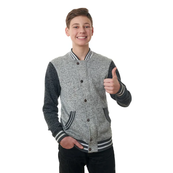 Cute teenager boy in gray sweater over white isolated background — Stock Photo, Image