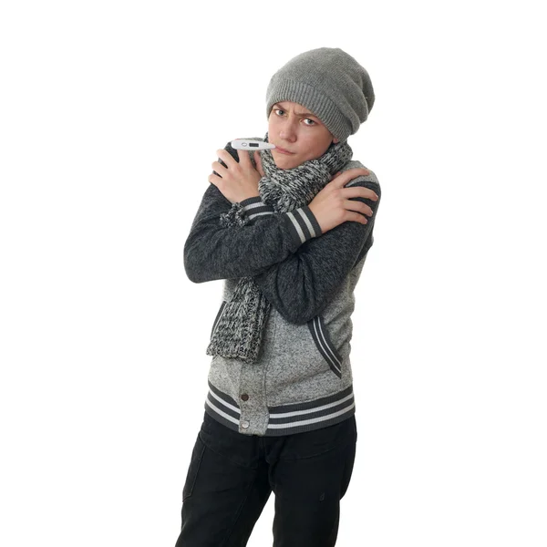 Cute teenager boy in gray sweater over white isolated background — Stock Photo, Image