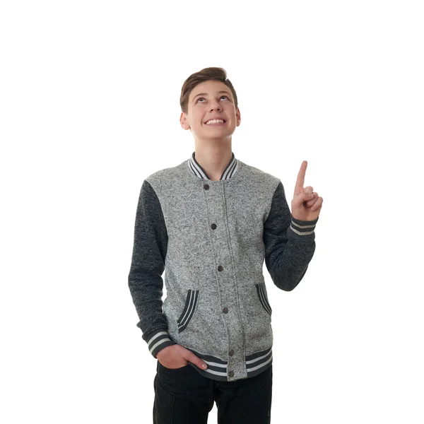 Χαριτωμένο έφηβο αγόρι σε γκρι πουλόβερ πάνω από το λευκό φόντο απομονωμένες — Φωτογραφία Αρχείου