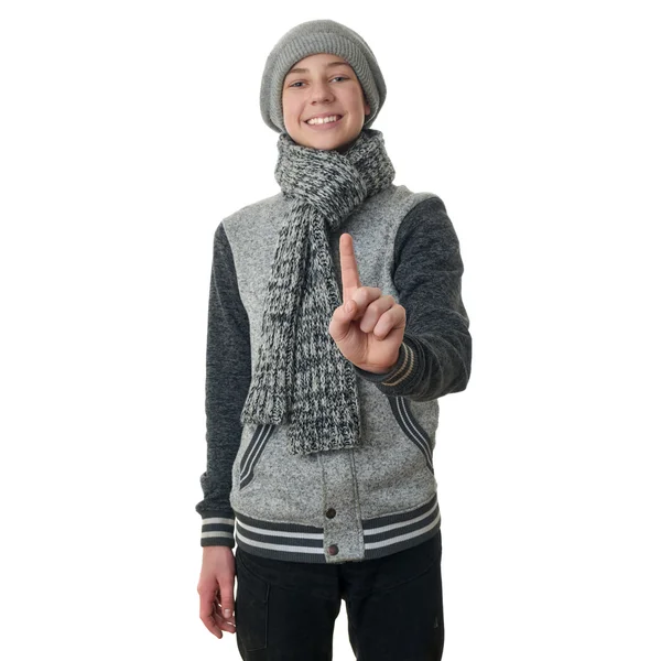 Χαριτωμένο έφηβο αγόρι σε γκρι πουλόβερ πάνω από το λευκό φόντο απομονωμένες — Φωτογραφία Αρχείου