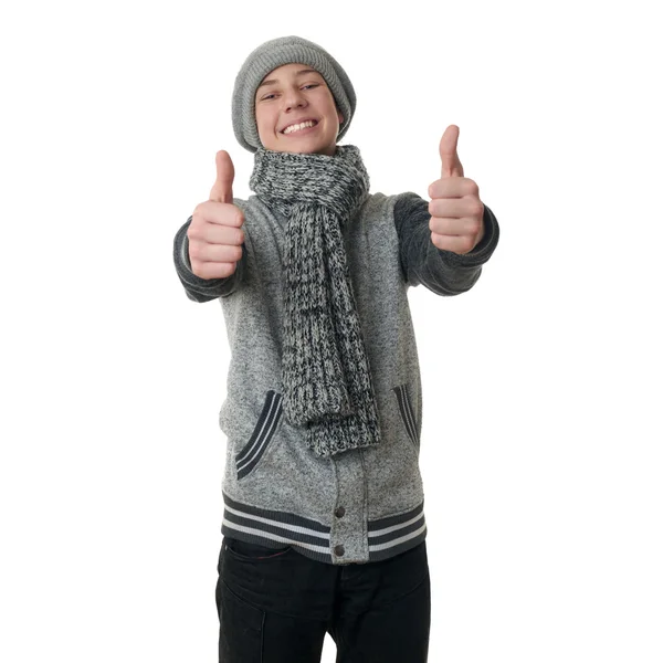 Lindo adolescente chico en gris suéter sobre blanco aislado fondo —  Fotos de Stock