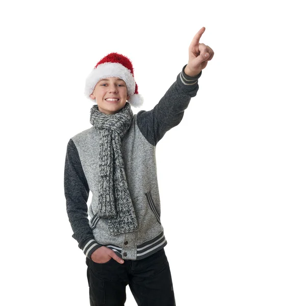 Ładny nastolatek chłopiec w szary sweter na na białym tle — Zdjęcie stockowe