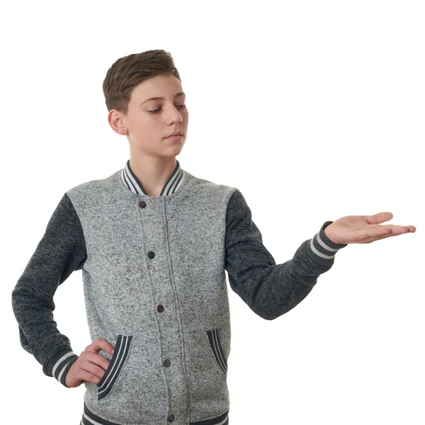 可爱的十几岁男孩穿灰色毛衣在孤立的白色背景 — 图库照片