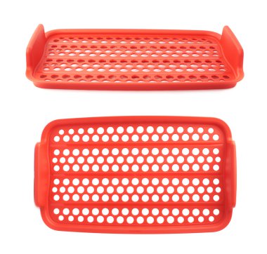 Beyaz arka plan üzerinde izole kırmızı plastik gıda konteyner kafes