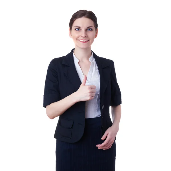 Mujer de negocios sonriente de pie sobre fondo blanco aislado —  Fotos de Stock