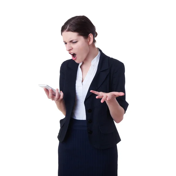 Mulher de negócios irritada de pé sobre fundo isolado branco — Fotografia de Stock