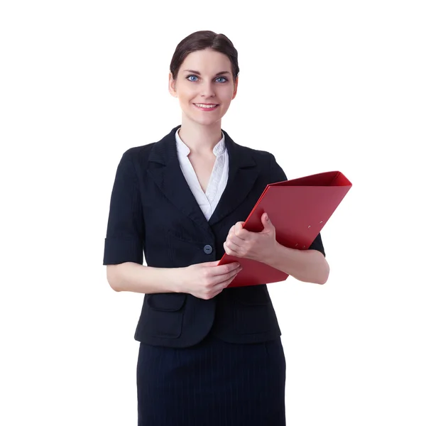 Mujer de negocios sonriente de pie sobre fondo blanco aislado — Foto de Stock