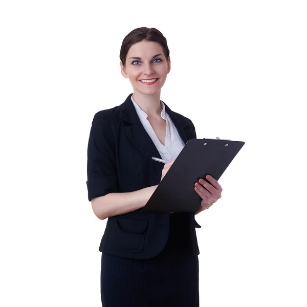 Mujer de negocios sonriente de pie sobre fondo blanco aislado — Foto de Stock