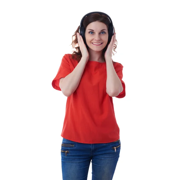 Sorrindo jovem mulher sobre fundo isolado branco — Fotografia de Stock