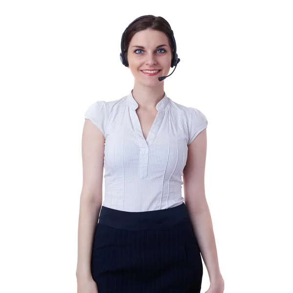 Glimlachende zakenvrouw permanent over witte geïsoleerde achtergrond — Stockfoto