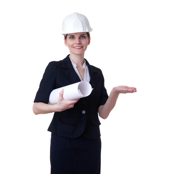 Усміхнена бізнес-леді стоїть над білим ізольованим тлом — стокове фото