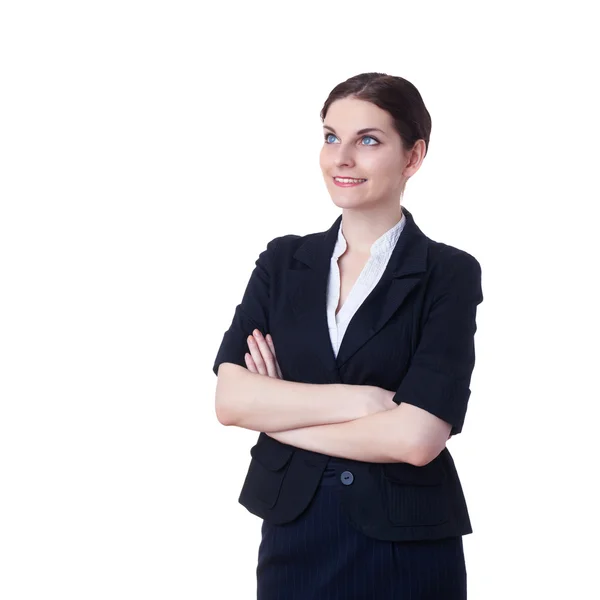 Mujer de negocios sonriente de pie sobre fondo blanco aislado —  Fotos de Stock