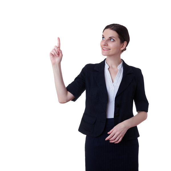 Smiling businesswoman standing over white isolated background