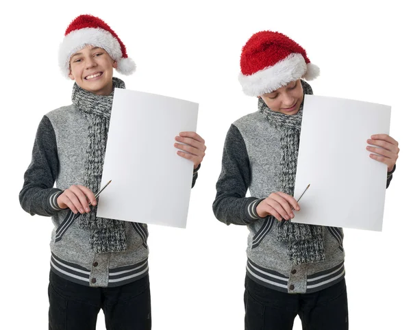 可爱的十几岁男孩穿灰色毛衣在孤立的白色背景 — 图库照片