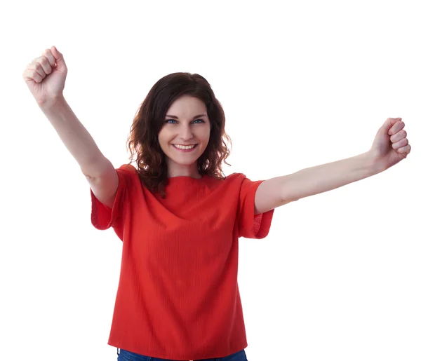 Smiling young woman over white isolated background — Stock Photo, Image