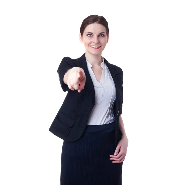 Mujer de negocios sonriente de pie sobre fondo blanco aislado — Foto de Stock