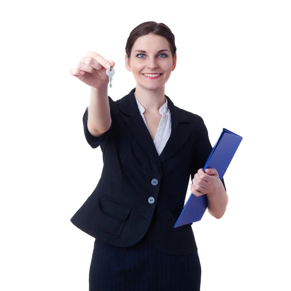 Mujer de negocios sonriente de pie sobre fondo blanco aislado Fotos de stock