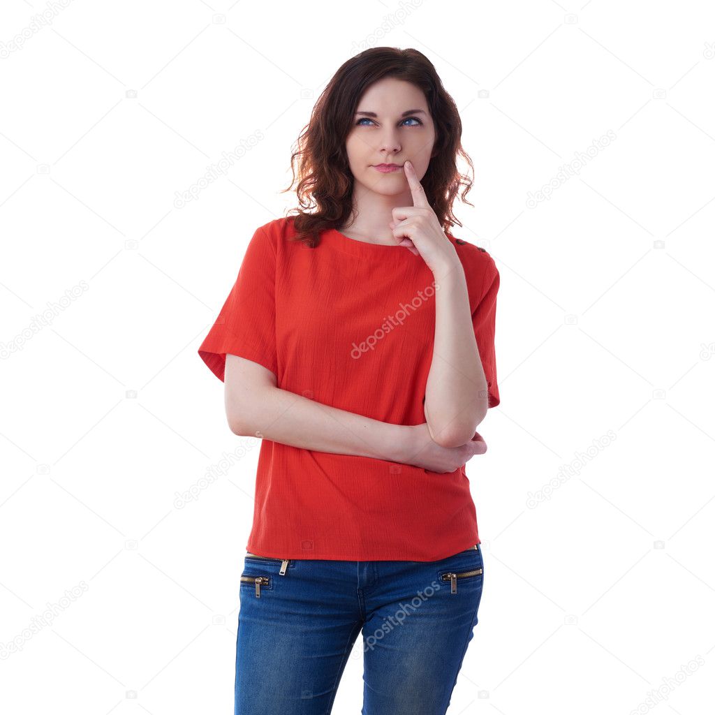 Thinking oung woman over white isolated background
