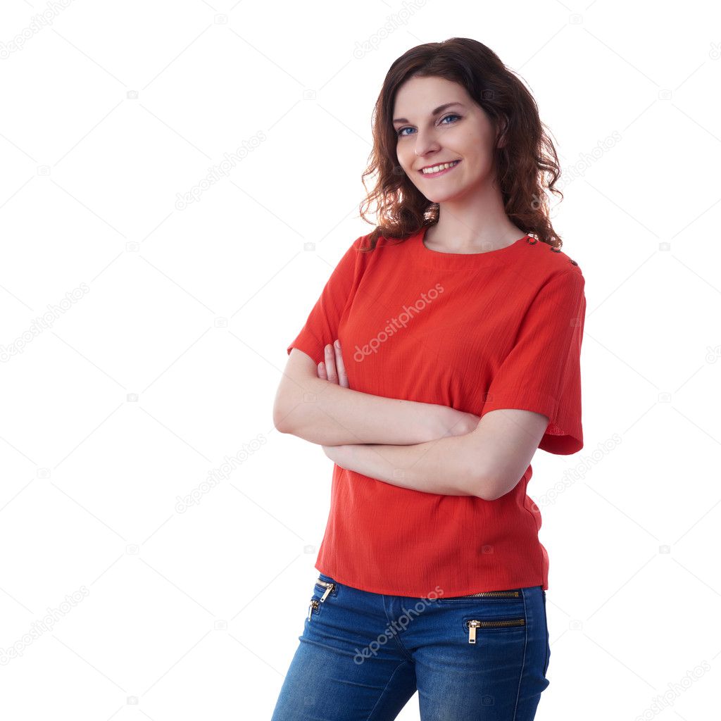 Smiling young woman over white isolated background