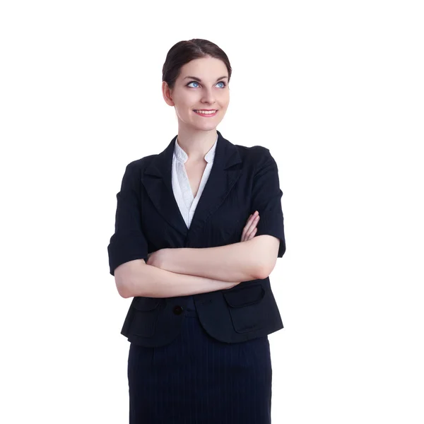 Mujer de negocios sonriente de pie sobre fondo blanco aislado —  Fotos de Stock