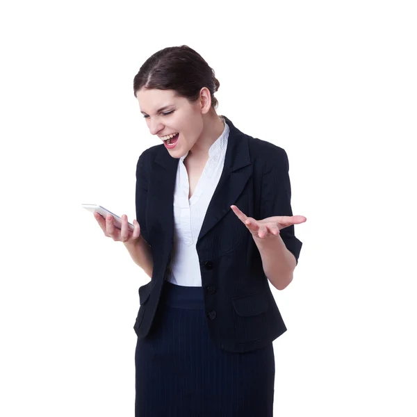 Mulher de negócios irritada de pé sobre fundo isolado branco — Fotografia de Stock