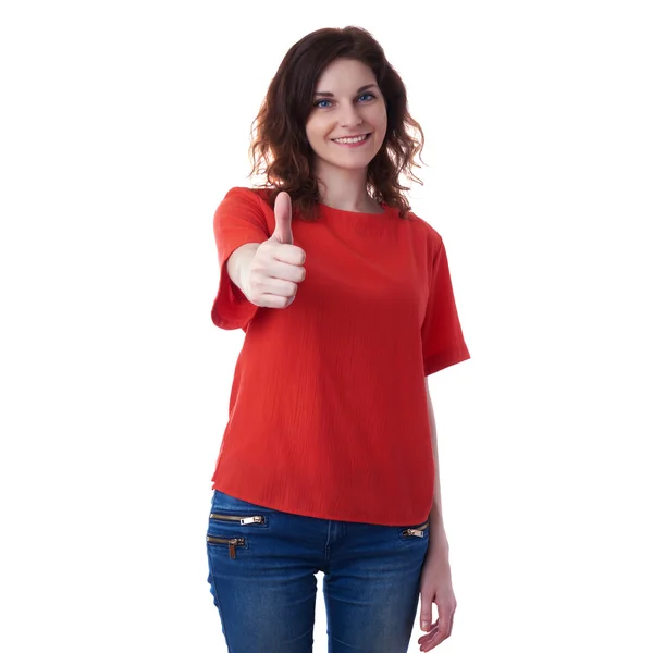 Sorrindo jovem mulher sobre fundo isolado branco — Fotografia de Stock