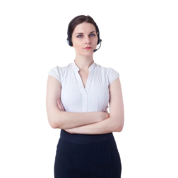Geschäftsfrau steht über weißem isolierten Hintergrund Stockbild