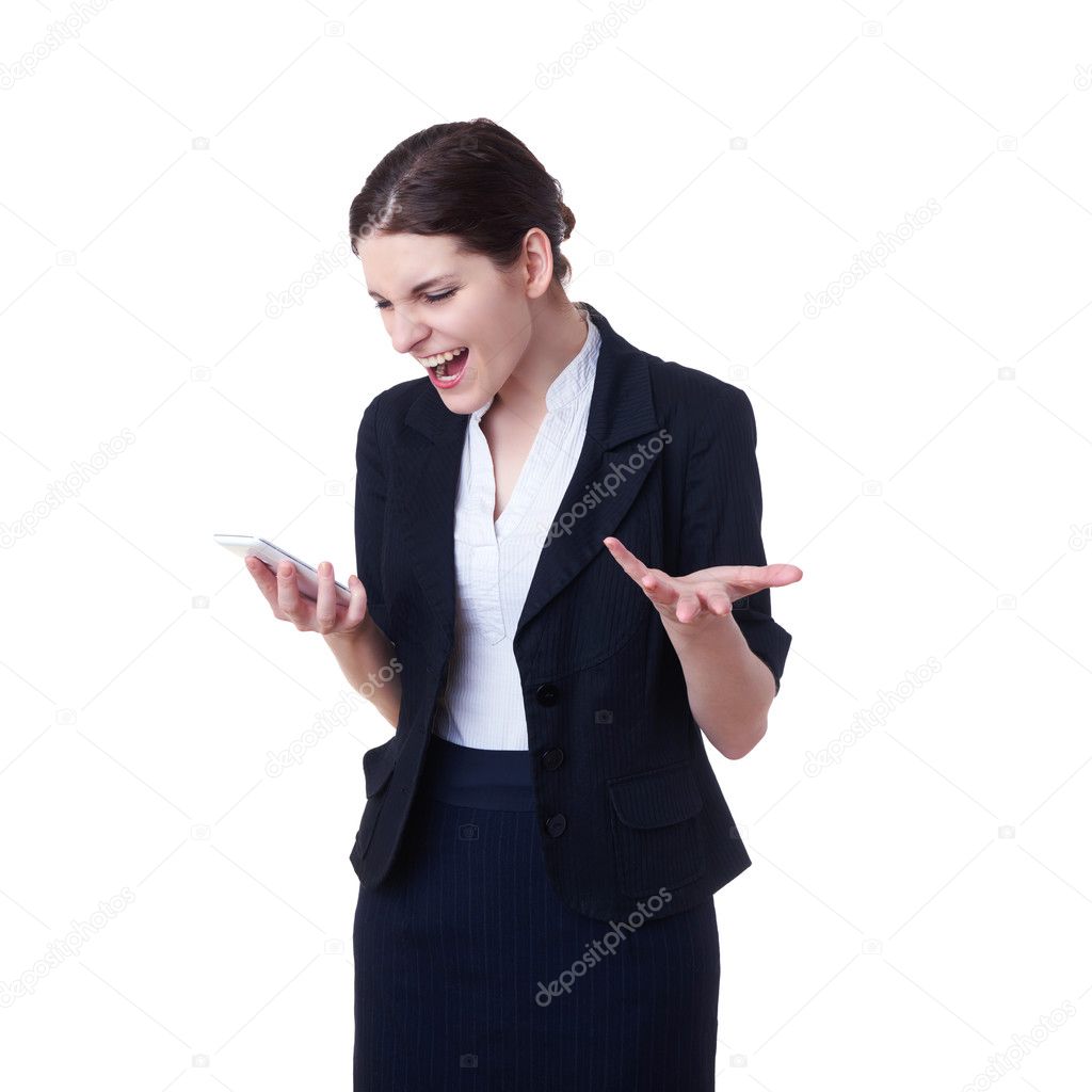Angry businesswoman standing over white isolated background