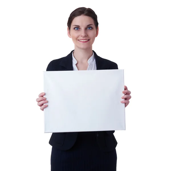 Mujer de negocios sonriente de pie sobre fondo blanco aislado — Foto de Stock