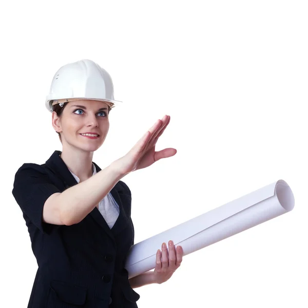 Усміхнена бізнес-леді стоїть над білим ізольованим тлом — стокове фото