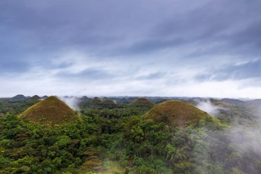 Ünlü Çikolata Tepeleri bulutlu bir günde gün doğumunda sisli oluşumlarla, Carmen, Bohol Adası, Filipinler.