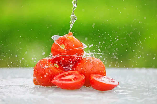 Splashing water and tomato on — Stock Photo, Image