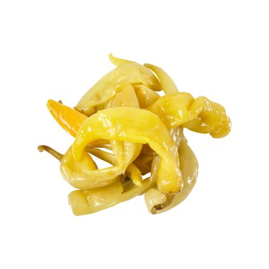 Baharatlı biber turşusu. Sarı. Lezzetli yemekler. Kış boşluklar. Beyaz arka plan üzerinde izole. 