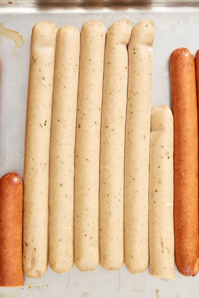 Sausages. Tasty food. Meat. For cooking hot dogs. Close. Sausages. For your design. Fast food. — Stock Photo, Image