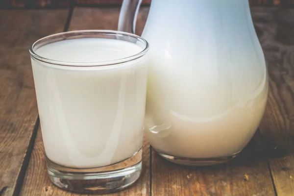 Glass milk, jar on wooden