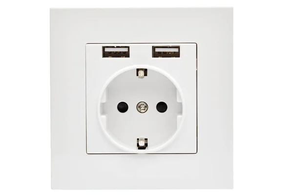 Power socket standard 220 volt with two connectors usb for charging mobile devices isolated on white background. Close up. — Stock Photo, Image