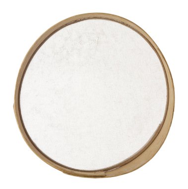 Old wooden sieve isolated on white background. Close up.