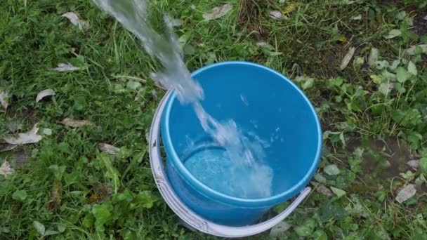 Mann schüttet im Gartensommer Wasser in blauen Plastikeimer.. — Stockvideo